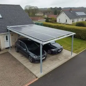 Domestic solar carport covering two cars on a driveway