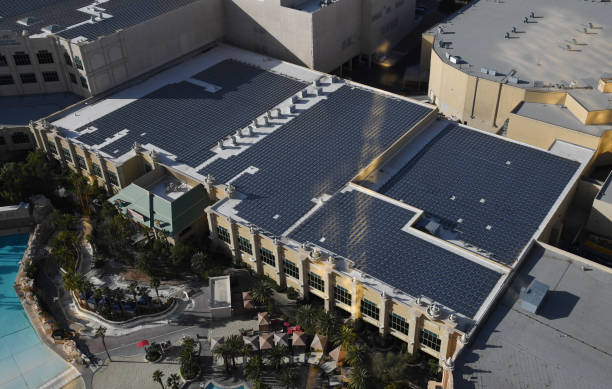 Large resort hotel with solar panels covering the roofs